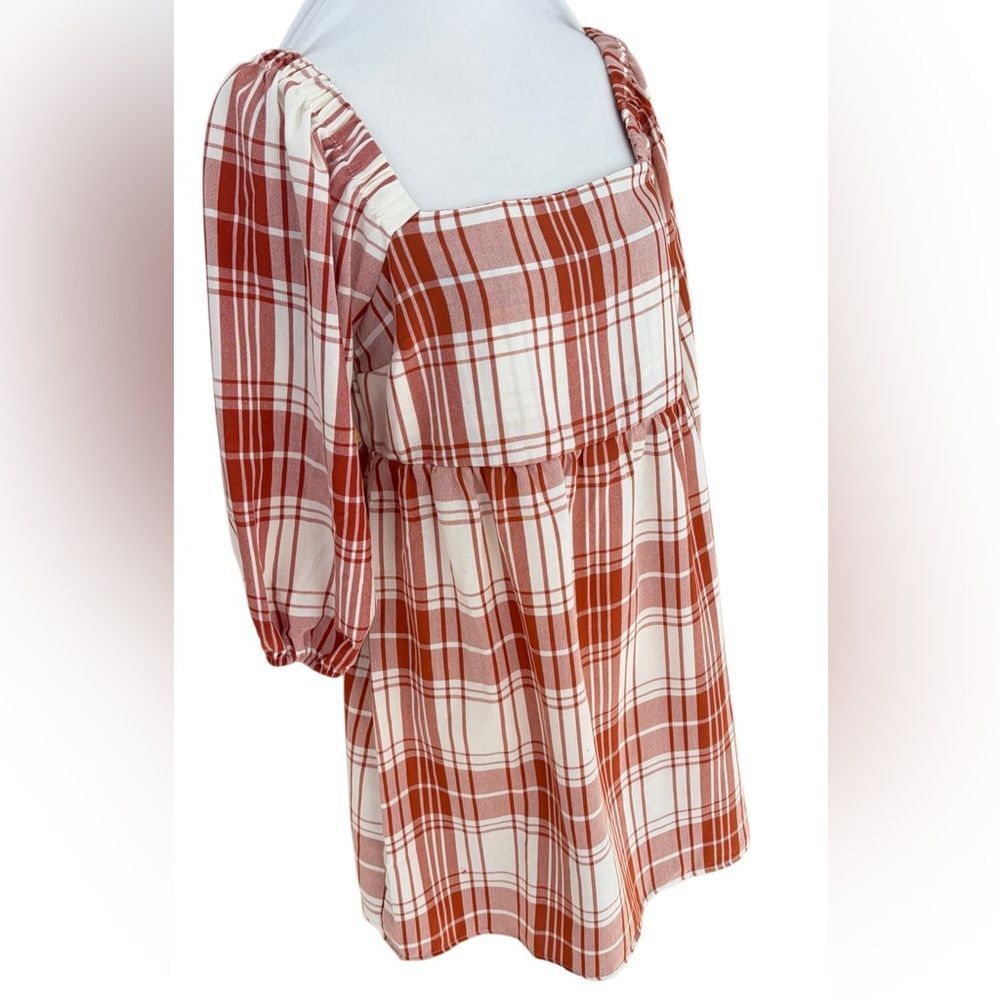 Monteau Los Angles red/rust/white plaid square neck babydoll dress size medium. - Picture 6 of 8